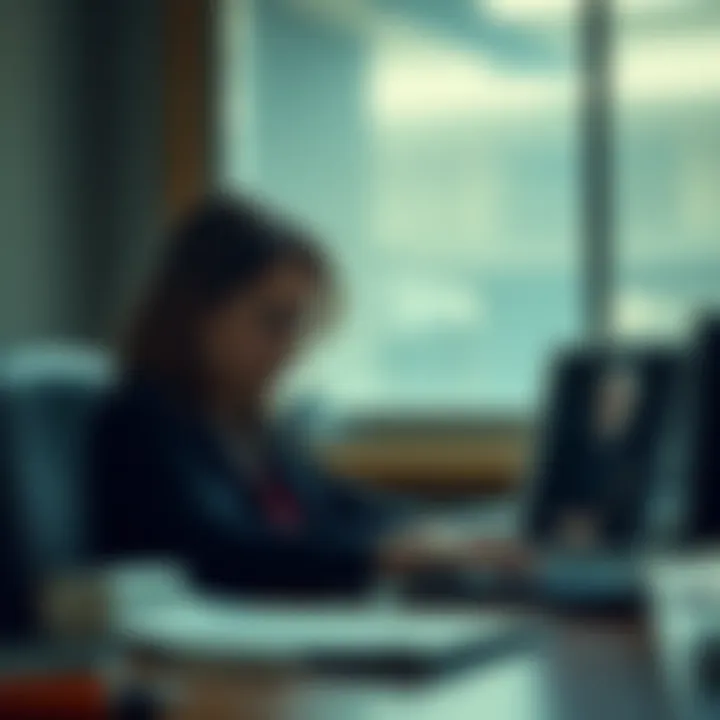 An undercover agent sits at a desk, showing concern with a photo of a cult leader beside her, highlighting her emotional struggle.