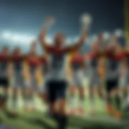 A group of underdog team players celebrating a surprising victory, showing joy and excitement on the field.