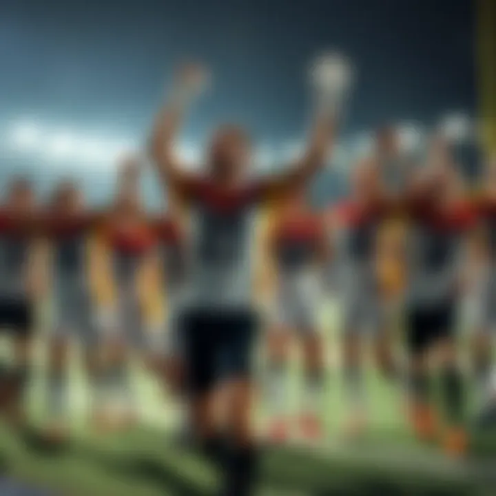 A group of underdog team players celebrating a surprising victory, showing joy and excitement on the field.