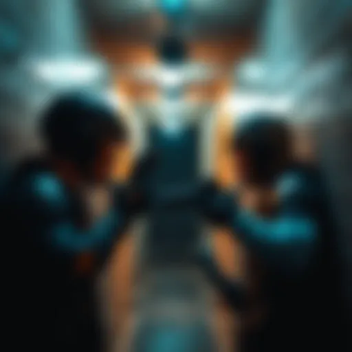 Two competitors face off in a dimly lit underground hallway, showcasing intense competition and tactical moves.