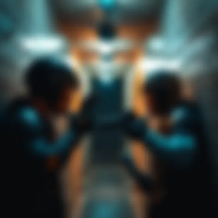 Two competitors face off in a dimly lit underground hallway, showcasing intense competition and tactical moves.