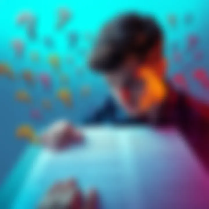 A person pondering over a text filled with unclear phrases, surrounded by question marks, illustrating the concept of ambiguous language.