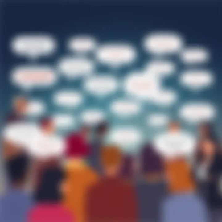 An illustration showing a diverse group of people discussing the meaning of the word 'consort', with thought bubbles containing various definitions.