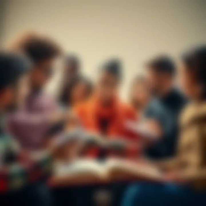 Understanding Key Issues A group of diverse people discussing various topics with open books and notes in front of them.