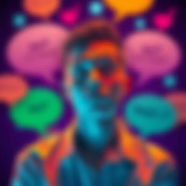 A person pondering the meaning of the phrase 'So no head?' with a thoughtful expression, surrounded by colorful speech bubbles representing online discussions.