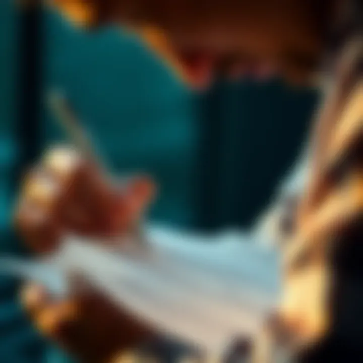 A close-up of a person analyzing a note with highlighted text and pen in hand, reflecting on its meaning and significance