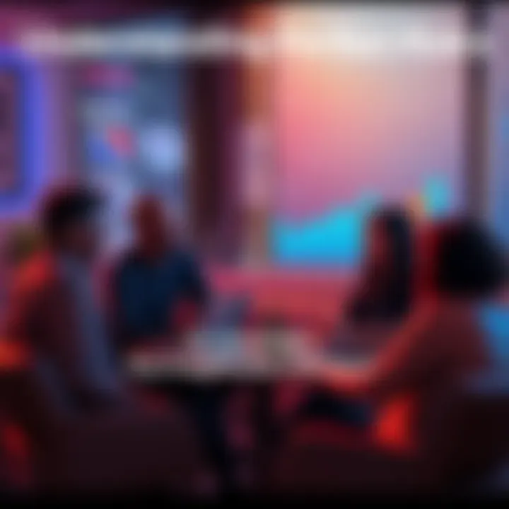 A group of people discussing concerns about potential bans in a casual setting, with charts and data visuals around them.