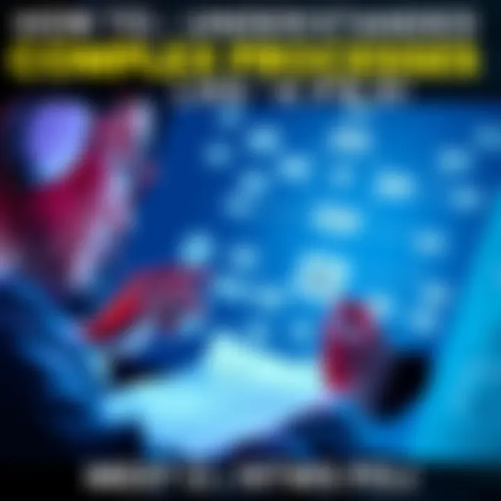 A person analyzing a flowchart with connected arrows and notes, symbolizing the breakdown of complex processes.