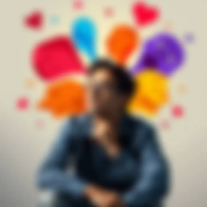 A person sitting with a thoughtful expression, surrounded by colorful shapes representing different emotions like joy, sadness, and anger.