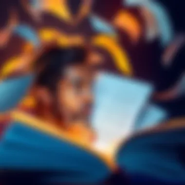 A person contemplating a book's ending with thoughtful expression, surrounded by pages that float in the air, symbolizing reflection on narratives.