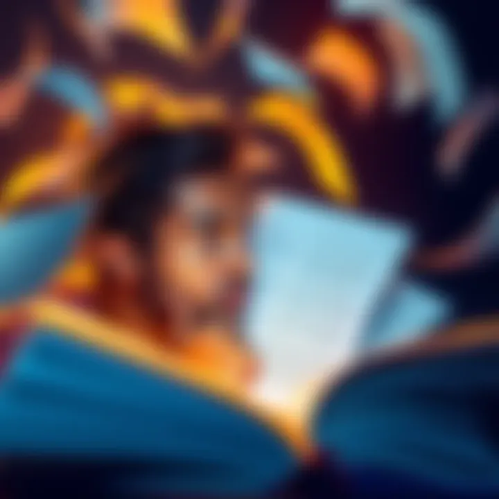 A person contemplating a book's ending with thoughtful expression, surrounded by pages that float in the air, symbolizing reflection on narratives.