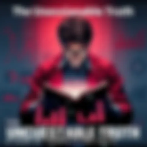 A person reading a book filled with facts, surrounded by charts and graphs