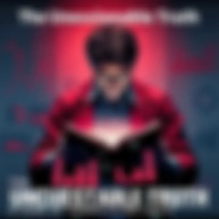 A person reading a book filled with facts, surrounded by charts and graphs