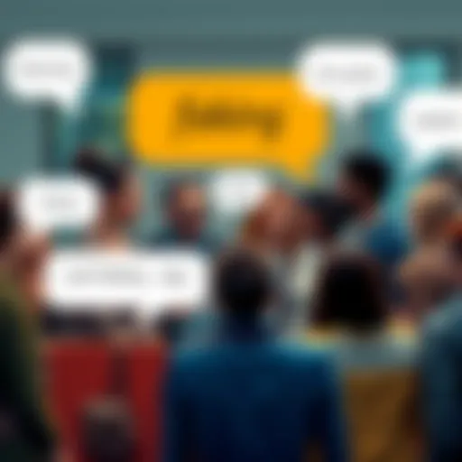 A group of diverse people discussing the term 'faking' in a lively setting, surrounded by speech bubbles with various meanings and contexts.