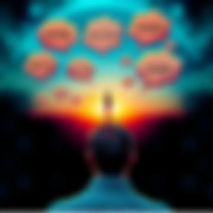 A person contemplating different paths with thought bubbles representing choices like work, relationships, and hobbies.