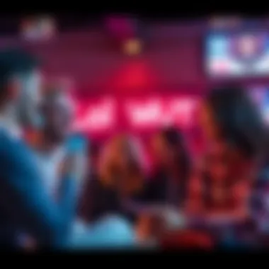 A group of friends laughing while discussing internet slang, with the phrase 'Lol Wut' displayed on a screen in the background.