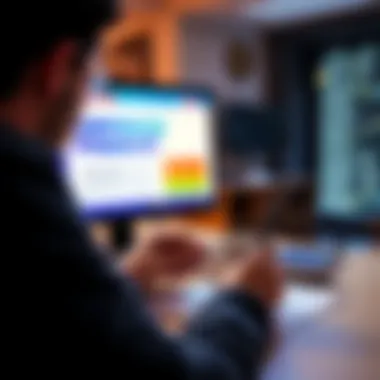 A person looking at a digital screen displaying information about Primmie LFT, with notes and a coffee mug nearby, showing an engaged learning environment.