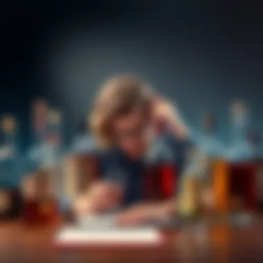 A person studying various bottles of spirits, showing both frustration and determination, with a notepad and glass nearby.