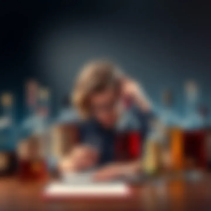 Understanding Spirits A person studying various bottles of spirits, showing both frustration and determination, with a notepad and glass nearby.