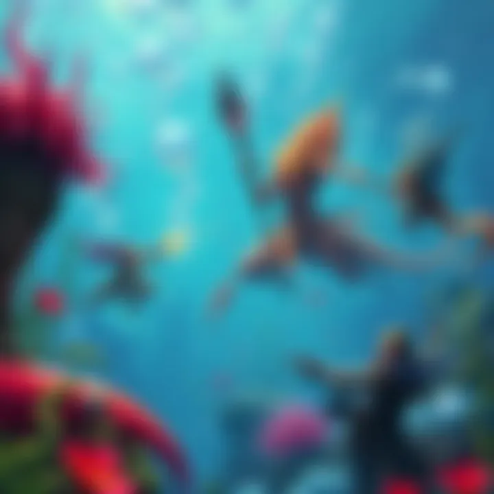 A colorful underwater scene where players engage in a battle against a water elemental, surrounded by aquatic plants and shimmering bubbles.