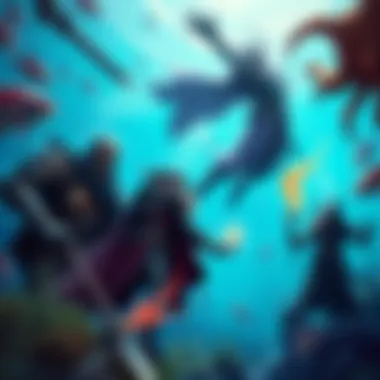 A vibrant underwater scene featuring different character classes like a warrior with armor, a mage casting spells, and an assassin in stealth. Marine life surrounds them, showcasing an oceanic world.