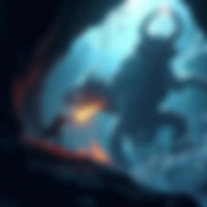 A character engaged in an underwater battle against a large creature in a cave setting, with bubbles and light filtering through the water.