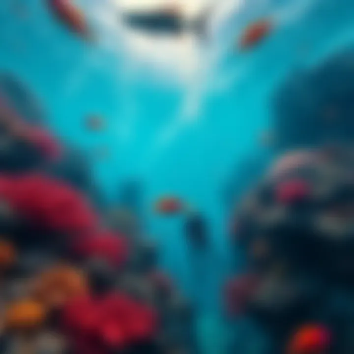 A peaceful underwater scene showing a diver collecting samples among colorful coral reefs and marine life