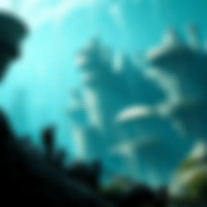 Artwork showing an underwater game level with unique structures and a character exploring the area