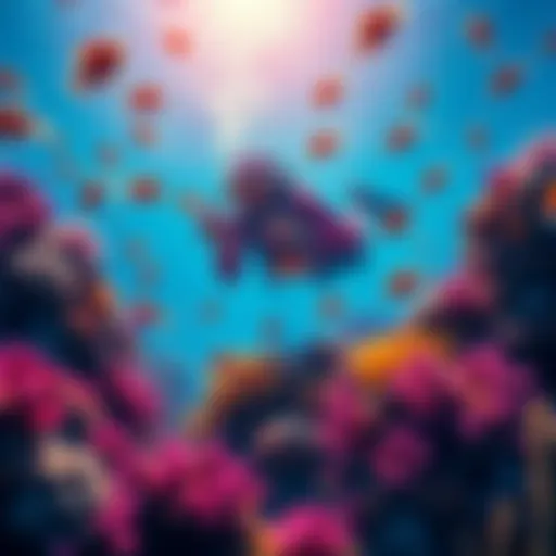 A vibrant underwater scene showing a diver exploring coral reefs, surrounded by various tropical fish.