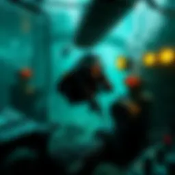 A stealthy character infiltrates an underwater military base, surrounded by high-tech equipment and water currents, with a focus on cyber warfare.