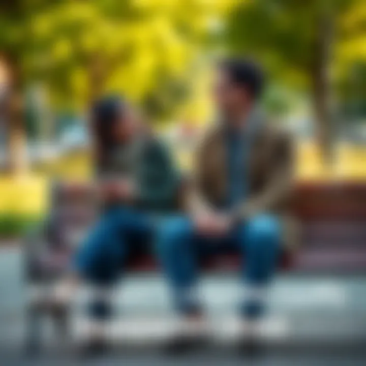 Two strangers sharing a moment A man and a woman sitting on a park bench, sharing a laugh and having a conversation, symbolizing unexpected friendship and loyalty.