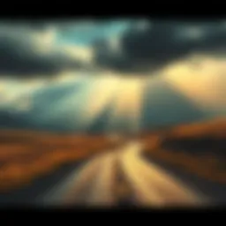 A winding road through a changing landscape with stormy skies and sunshine breaking through, representing life's unpredictability.