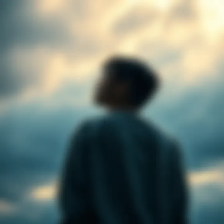 Unexpected Life Moments A person standing under a stormy sky, looking thoughtful as rain begins to fall unexpectedly