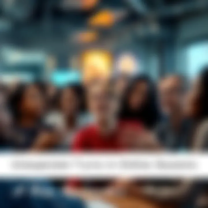 A group of diverse people engaged in lively discussions in an online forum setting, showcasing surprise and intrigue on their faces.