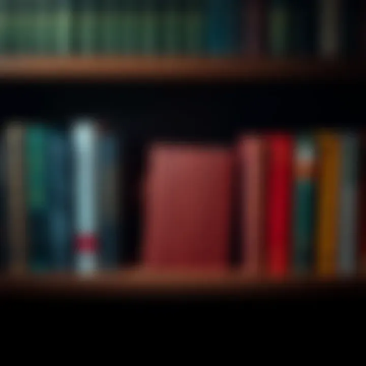 A bookshelf with an unknown book sitting among familiar titles, inviting curiosity.