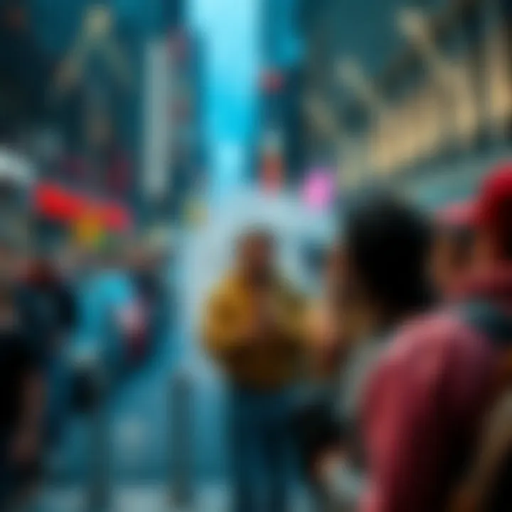 A surprised crowd reacting to an unplanned occurrence in a busy city street.