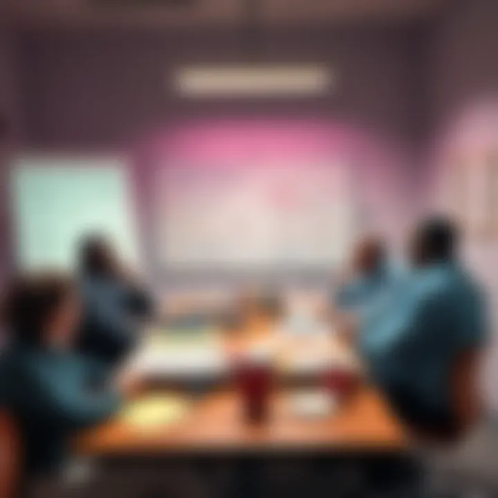 A group of thinkers discussing surprising theories about unexpected events around a table, with notes and a whiteboard filled with ideas.