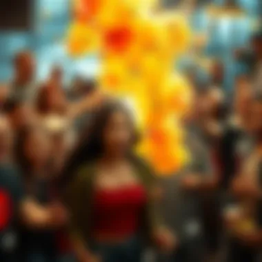 A crowd reacts in surprise as a loud shattering sound occurs, with Miss Me standing calmly amid the chaos.