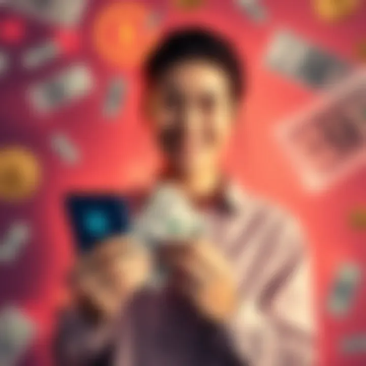 A person smiling while holding cash and a digital wallet, surrounded by symbols of debt and money, representing financial struggles and newfound wealth.
