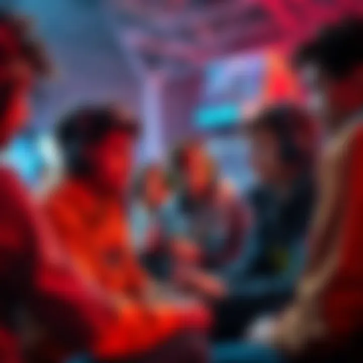 A group of gamers discussing their unfriendly actions in a competitive setting, with one player looking mischievous while others listen attentively.
