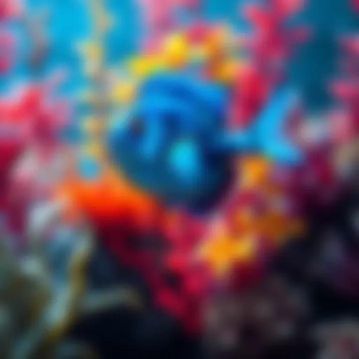 A striking blue fish swimming in a colorful underwater scene in Dota 2, surrounded by vibrant aquatic plants.