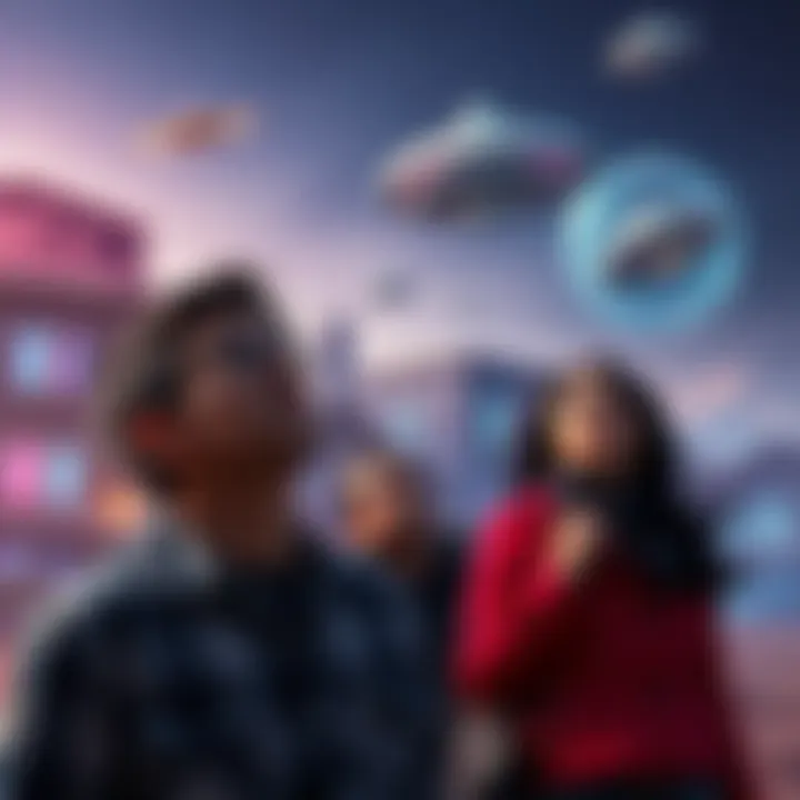 Residents of Canny Valley look up at strange unidentified objects in the sky, showing curiosity and confusion.