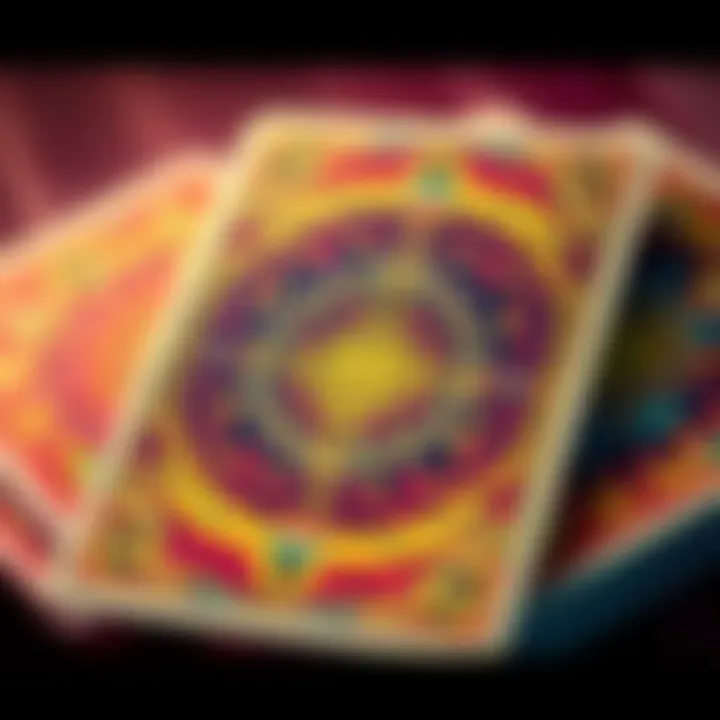 A close-up view of a colorful unique card showcasing intricate patterns and symbols.