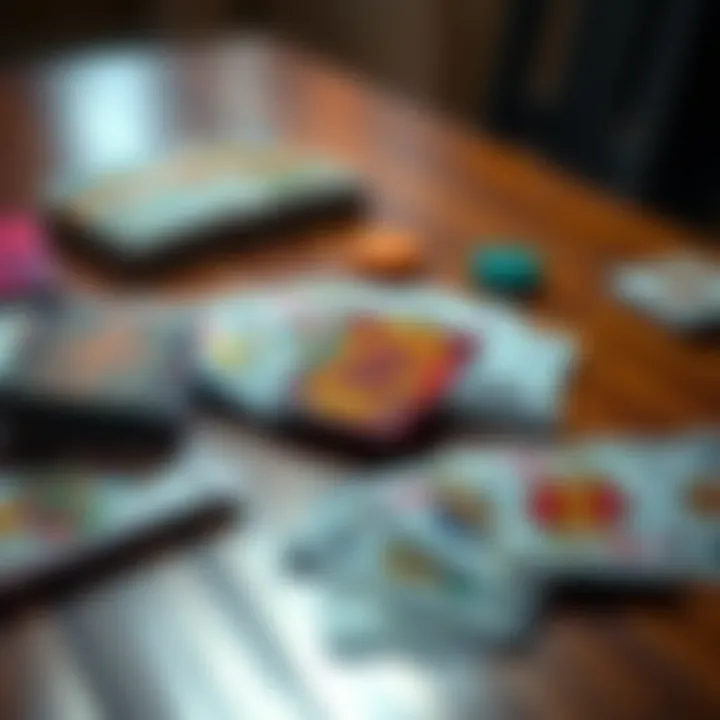 A small collection of colorful playing cards spread out on a wooden table, showcasing unique designs and art.