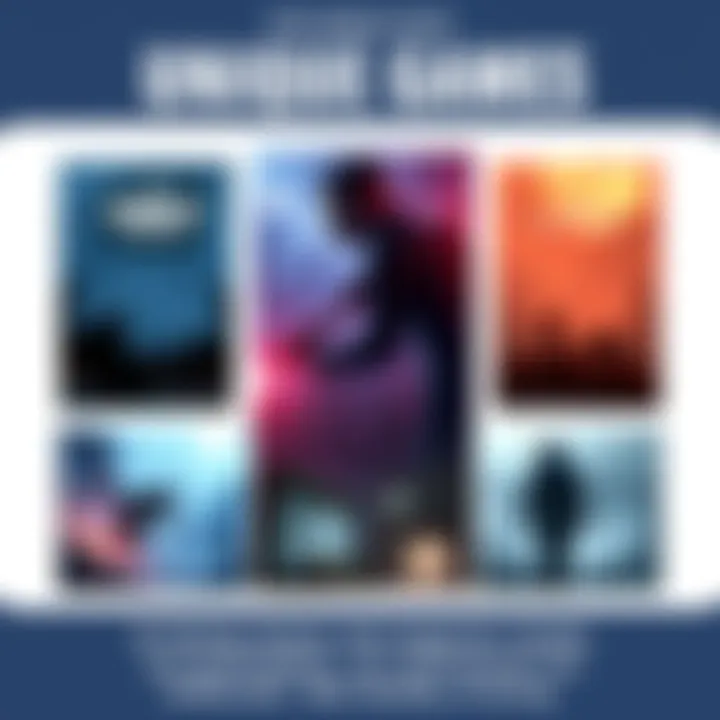 A collage of unique video game scenes showing characters and environments from The Stanley Parable, The Beginner's Guide, and The Witness