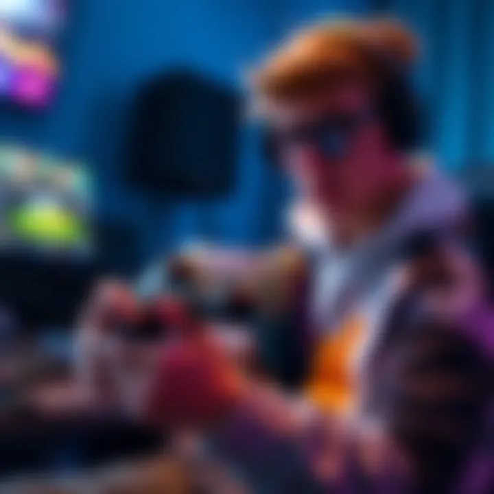 A gamer using an unconventional controller while playing a video game. The controller has an unusual shape and buttons compared to standard game controllers.