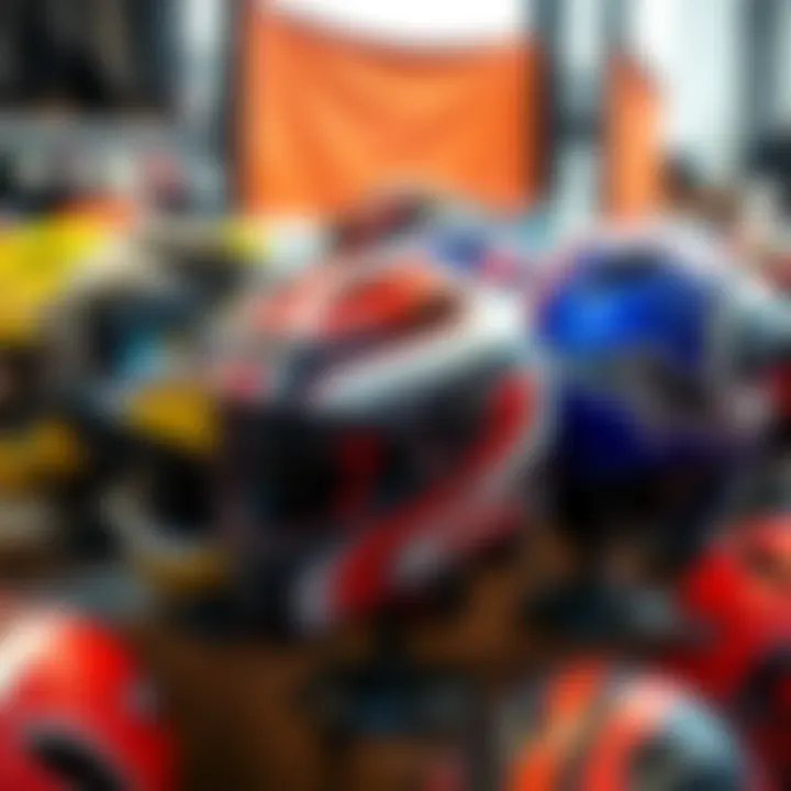 A collection of uniquely designed helmets displayed together, showcasing various colors and styles. Enthusiasts admire their craftsmanship.