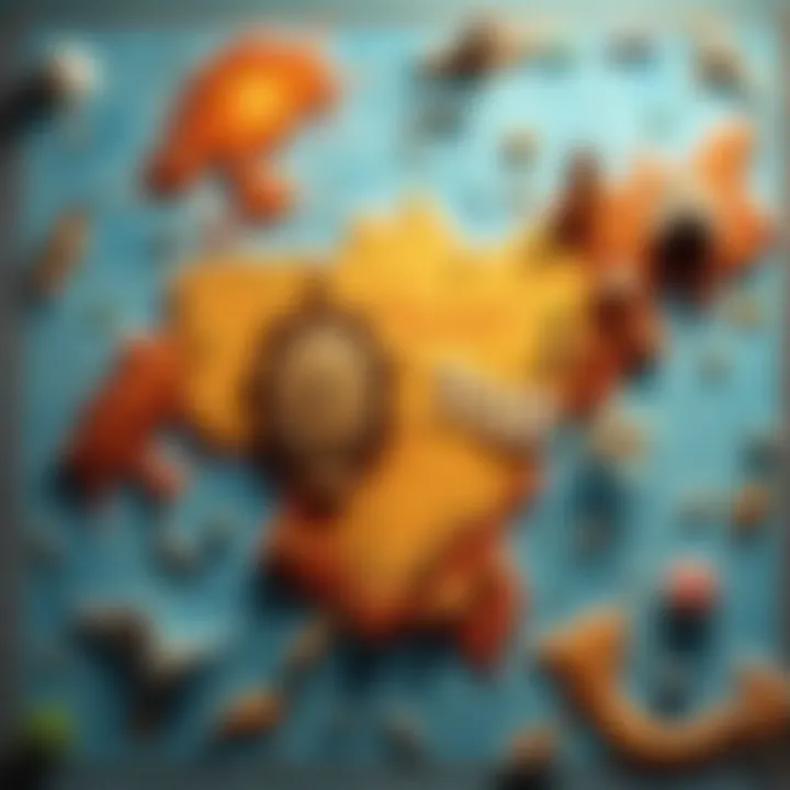 A colorful and detailed unique map showcasing various geographical features and artistic elements.