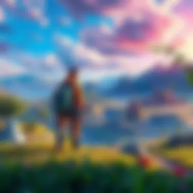 Unique Open World Adventure A vibrant scene showing a character exploring an expansive fantasy landscape filled with lush hills, unique structures, and distant mountains in a colorful setting.