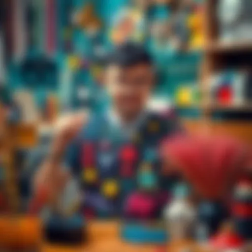 An artist showcasing a colorful and imaginative project with various materials and tools around them.